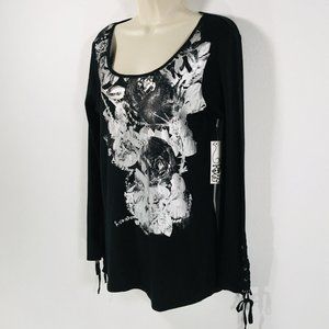 NWT Womens RXB Black Embellished Shirt Size L Foil Roses Lace Up Long Sleeves